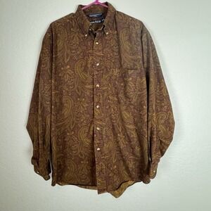 Vintage Nautica Button Down Shirt Paisley Plaid Brown Cotton Size Large *Note
